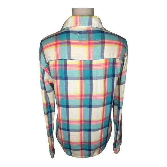 American Eagle Women’s Small Pastel Plaid Boyfriend Fit Button Down Top - Picture 3 of 7